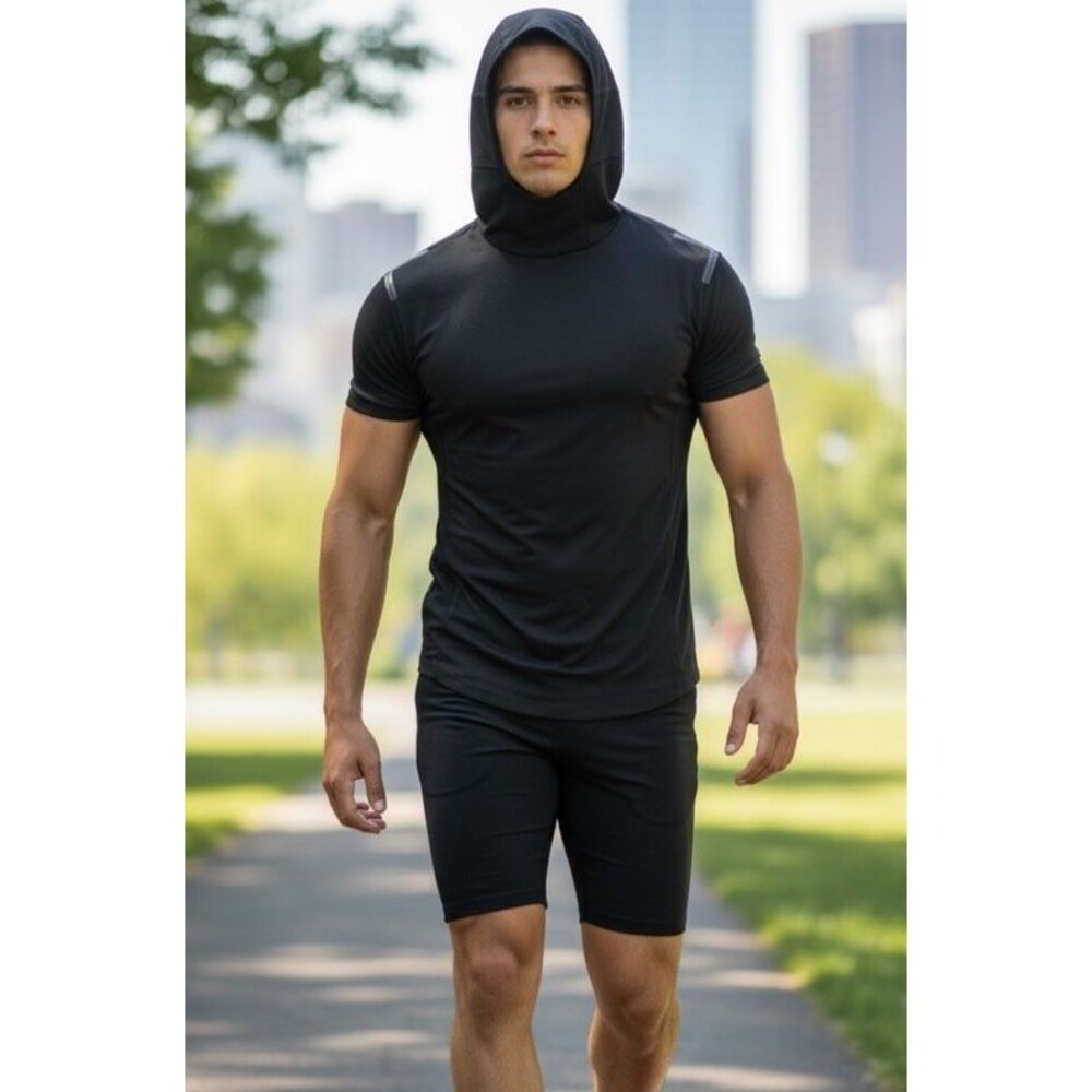 Black Hooded Performance Shirt Built In Gaiter Face Mask Phone Pocket S Industry